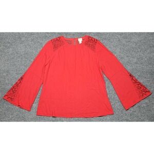Chicos Blouse Womens 2 Red Long Sleeve Flare Jewel Neck Cutout Pullover New